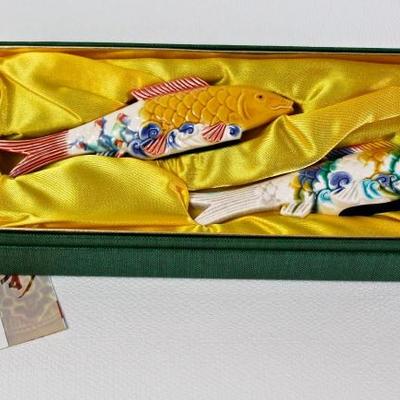 T'ang Tricolour porcelain koi, museum reproductions in presentation box
