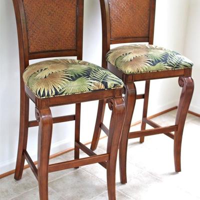 Tall woven back bar stools with upholstered seats