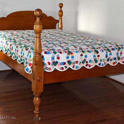 Antique, maple regular bed with antique, hand-made "Wedding Ring" quilt
