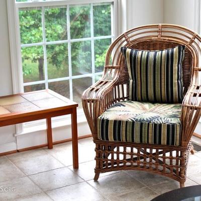 Tile top teak table, rattan chair