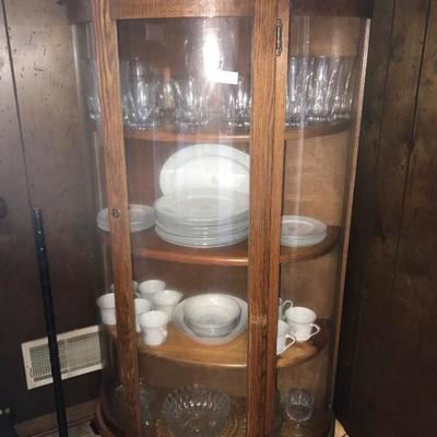 CURVED SIDE GLASS AND SOLID WOOD CURIO, CHINA CABINET