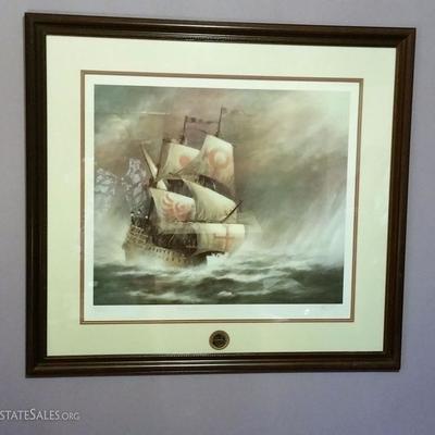 Signed lithograph by John Kelly - Saling ships with authentic Spanish coin