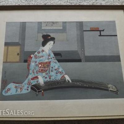 FVM007 Framed Wood Block Print Geisha and Koto
