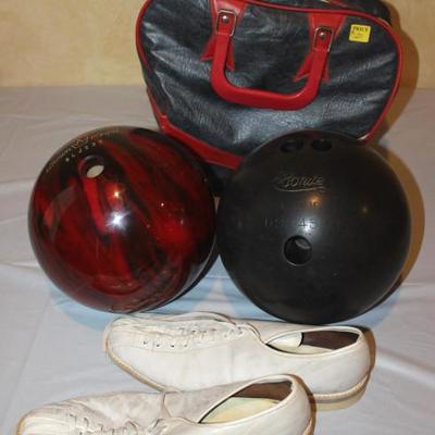 Two bowling ball, bowling ball shoes, and bowling
