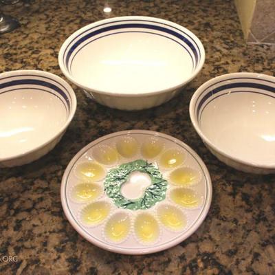 Three blue and white bowls made in Italy 

