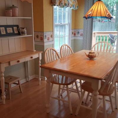 Country style table and (6) chairs with cupboard
