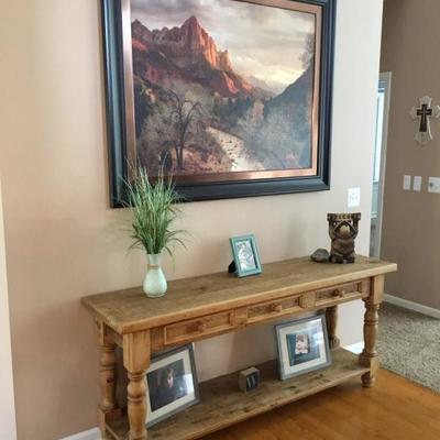 Wood console/sofa table with matching coffee table and side table.