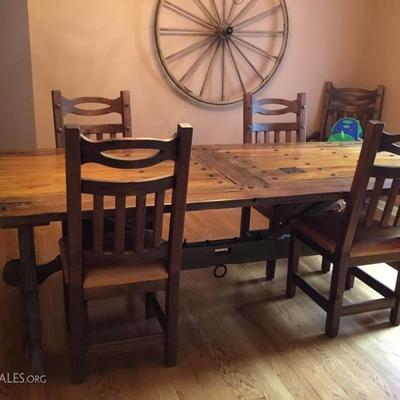 Custom hand built wood dining table with chairs