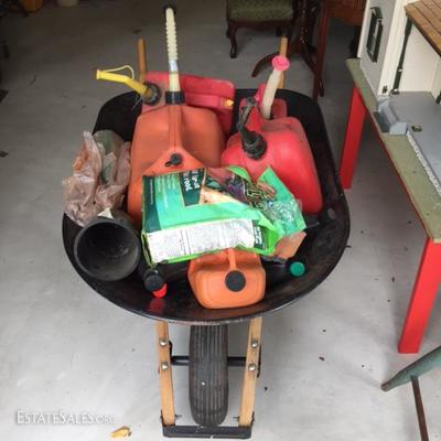 Wheelbarrow & Gas Cans.