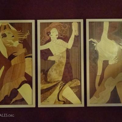 3 WOOD MOSAIC TILE FRAMED PLAQUES, FEMALE DANCERS, INITIALED LOWER LEFT, VERY GOOD CONDITION, FRAMED SIZE 26