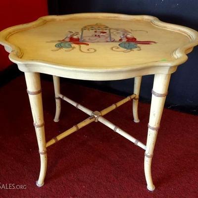 HOLLYWOOD REGENCY STYLE FAUX BAMBOO TABLE WITH PAINTED MONKEYS, CIRCA 1950's