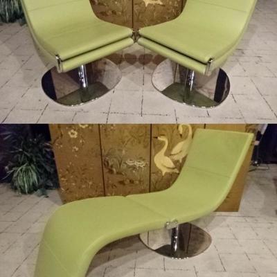 PAIR MODERN EXPANDABLE LOUNGE CHAIRS WITH FLIP FRONT SEATS, PISTACHIO LEATHER UPHOLSTERY, AND CHROME BASES
