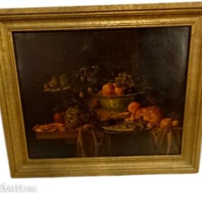 LARGE ANTIQUE OIL ON CANVAS PAINTING, STILL LIFE WITH FRUIT AND SHELLFISH, GOOD CONDITION, FRAMED SIZE 45