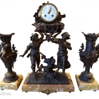 ANTIQUE CLOCK AND GARNITURE ON MARBLE BASE