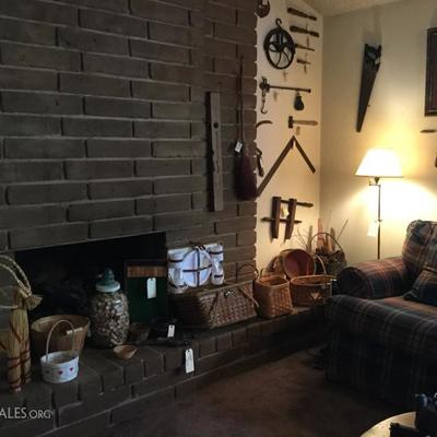 Fireplace decor filled  plus old tools 