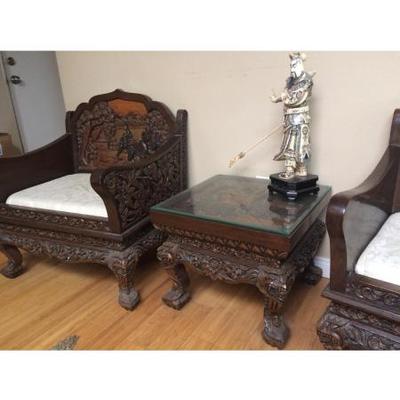 Whole Asian hand carved table and two chairs 