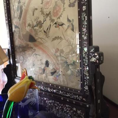 CHINESE MOTHER OF PEARL INLAID ROSEWOOD SCREEN 
(measures approximately 26' wide by 36' high)
