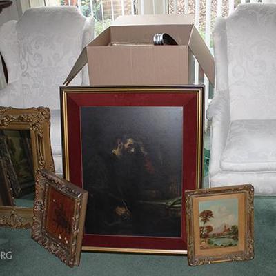 Antique Mirror and Artwork, Pair of Wing Back Chairs