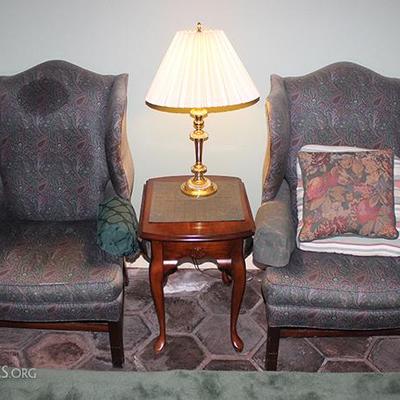Wing Back Arm Chairs, Side Table, Lamps