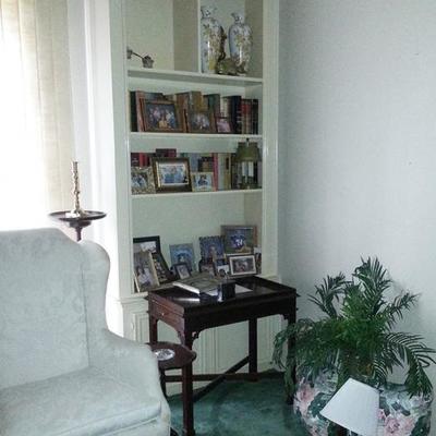 Side Table, Fern Stand, Books, Vases, Lamps