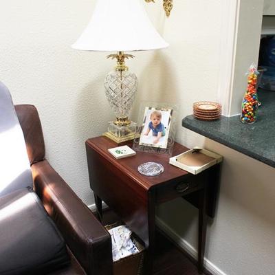 Drop Leaf Side Table, Lamps, Leather Arm Chair