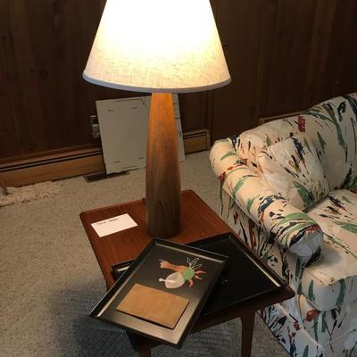 Mid Century Teak lamp and a Pair of Trioh Mobler Endtables with Cane Shelf (mint condition)