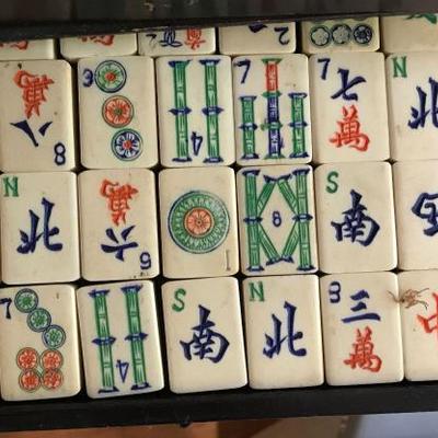(2 sets Available) Antique MAHJONG Game Set, 50/50% Bone on Bamboo Dove tail Tiles. Very Nice Etched Artwork.
