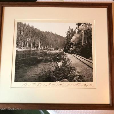 Fishing on Truckee River, 2 miles west of Tahoe City Ca. 1911 with steam locomotive roaring down the tracks!