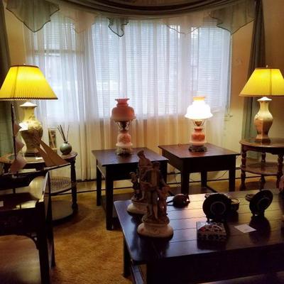Lamps--Beautiful Sideboard, Coffee Table w/Matching End/Side Tables
Pair of Beautiful Glass Top/2 Tier Wood & Wicker End Tables, Cabinet...