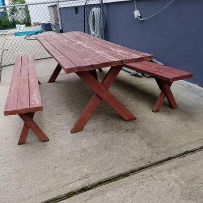 Large Rectangular Wood Picnic Table w/2 Matching Benches