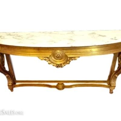 GOLD GILT WOOD CONSOLE TABLE WITH WHITE MARBLE TOP, WALL MOUNT BASE