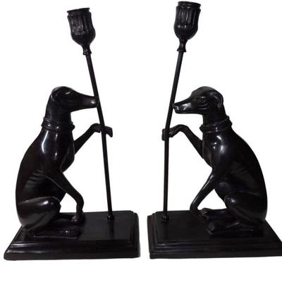 PAIR MAITLAND SMITH BRONZE WHIPPET DOG CANDLE HOLDERS, LABELED