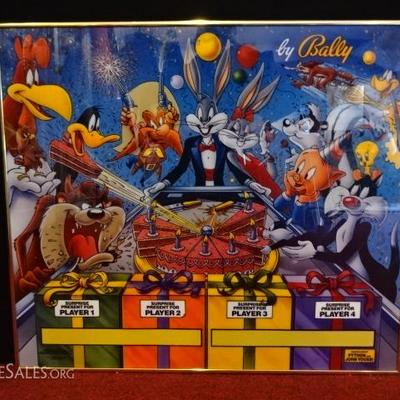 PINBALL MACHINE PAINTED BACKGLASS PANEL WITH LOONEY TUNES CHARACTERS, FRAMED IN ALUMINUM FRAME