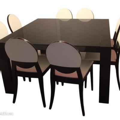 CALLIGARIS ITALIAN BLACK DINING TABLE WITH 8 WHITE LEATHER CHAIRS