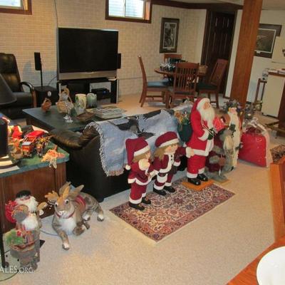 Many, many Santas and holiday decor