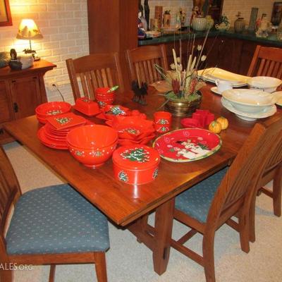 Mission style dining table with six chairs and Waechterbach serving set