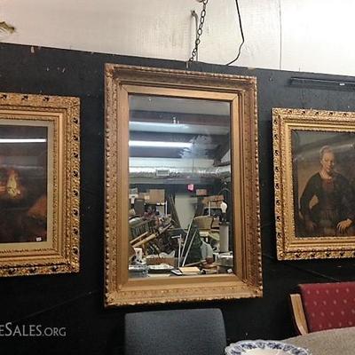 Wood Framed Mirror and Prints