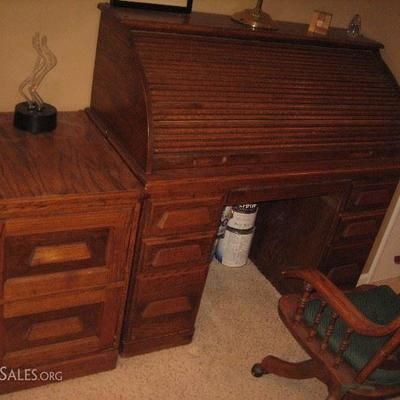 Roll top desk and file desk. Desk is in good shape, top works great $135. Filing cabinet $40