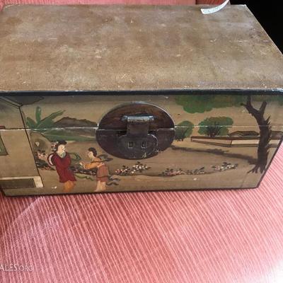 Antique Handpainted Chinese Document box made of pig skin