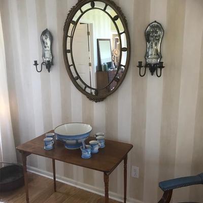 Early Blue Ship Punchbowl, Mirror, Sconces