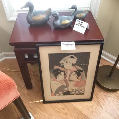 Rosewood Table with Set of Ducks and Woodblock Print