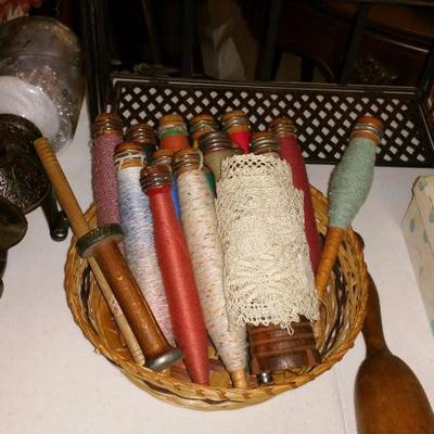 Antique Wood Spools with yarn