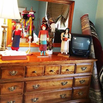 Dresser, Mirror, Cloth dolls: American Indian, 4th of July, Woman.  Halloween and Santa Tabletop/shelf decoration