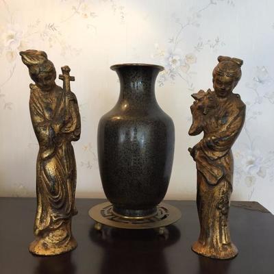 Bronze Figures with Cloisonné Vase