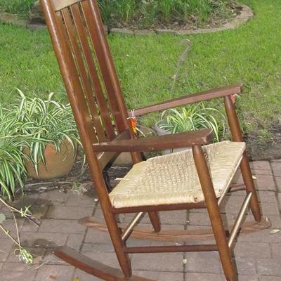 Vintage Rush Seat Brown Wood Porch Rocker