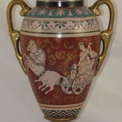 Porcelain Hand Painted Chariot Race Motif Grecian Style Urn (20