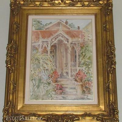 Original Water Color by Texas Artist, Beth Eidelberg.  Framed in A Baroque Style Gold Leaf Frame with a Limen mat. 