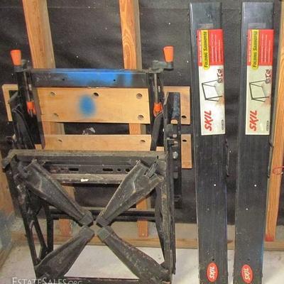 Folding Work Bench and Skil Heavy Duty 1200 Lbs. Capacity Metal Folding Sawhorse Adjustable 25"-40" (2 ea.)