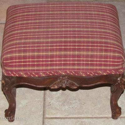 Victorian Style Foot Stool with Carved Apron and Cabriole Legs in a Red Plaid Upholstery