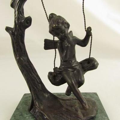 Art Nouveau sculpture by Auguste Moreau with the figure of a Fairy/Cherub on a Swing Suspended by Braided Wires from the Branch of a...
